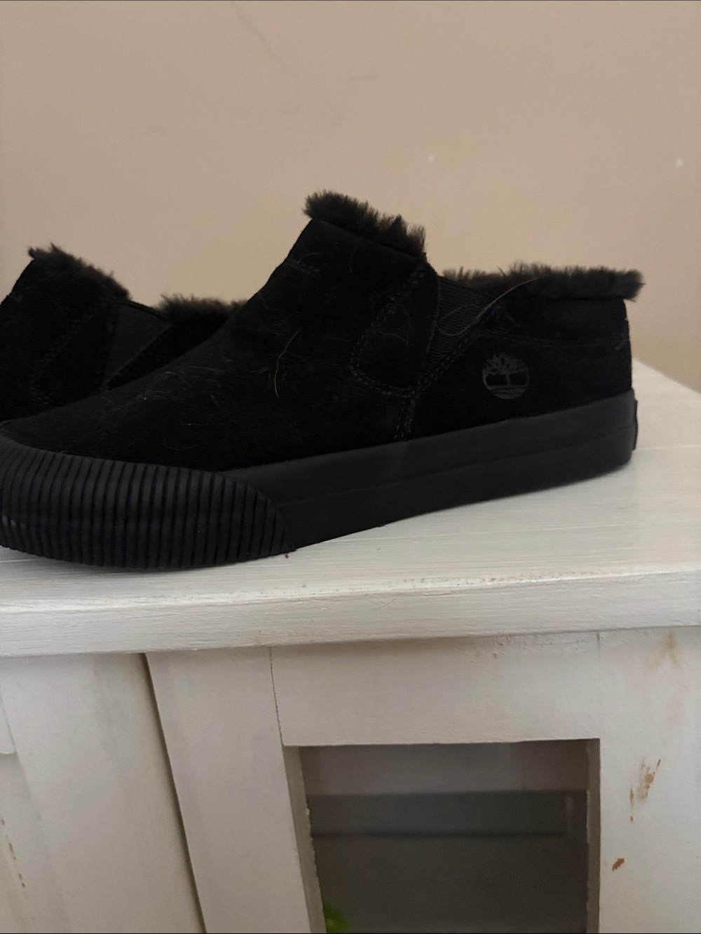 Timberland Black Suede Slip-On Loafers with Shearling Trim